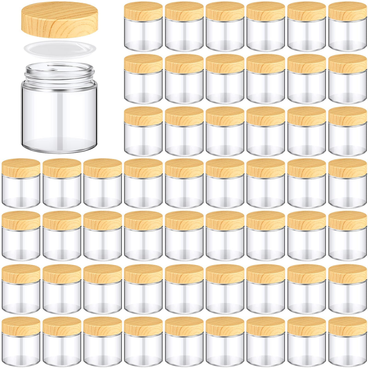 Norme pot verre 120 ml avec couvercle bois-grain, rangement cosmétique compact.