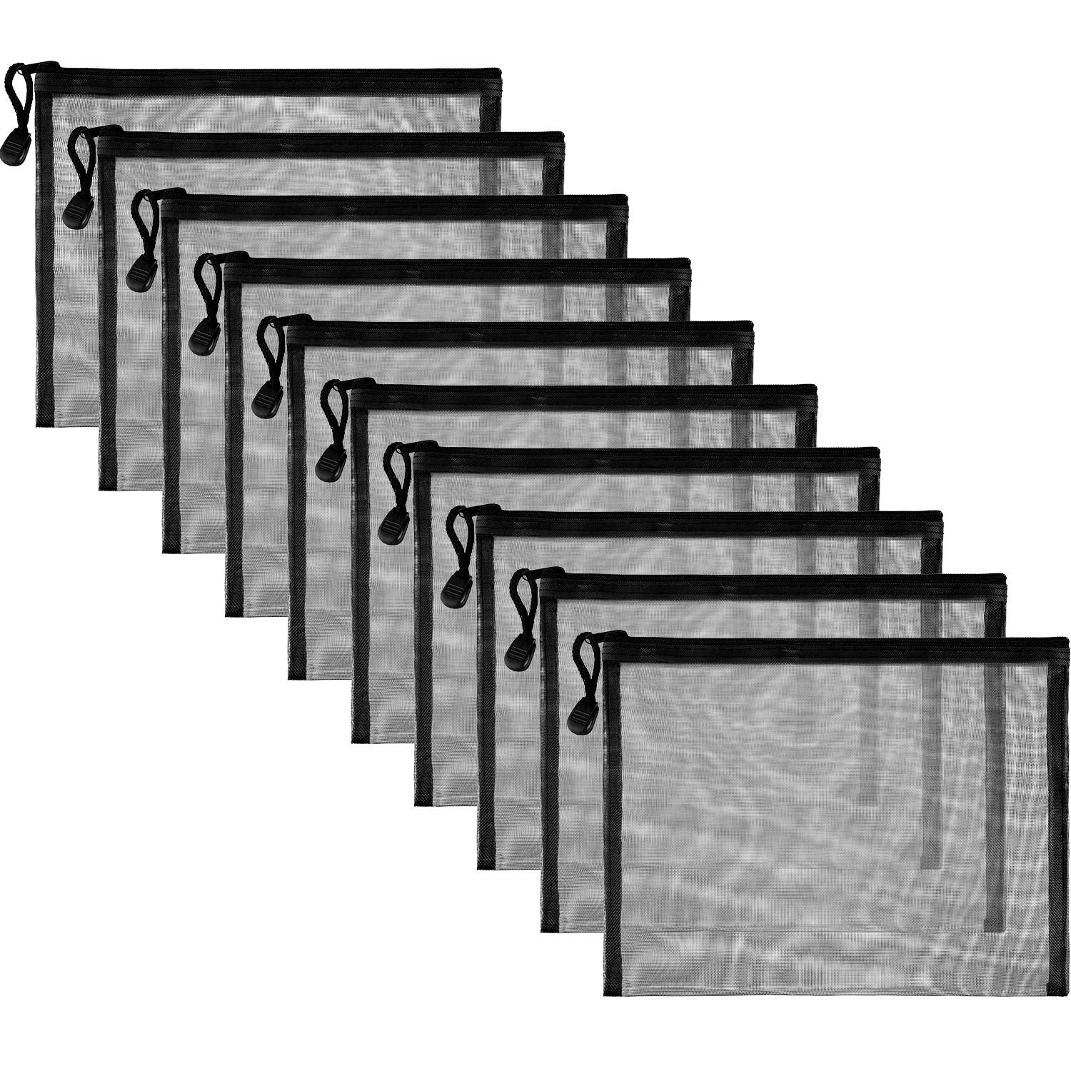 Norme sacs-mesh-noir-10-piece : rangement léger et transparent pour maquillage et accessoires.