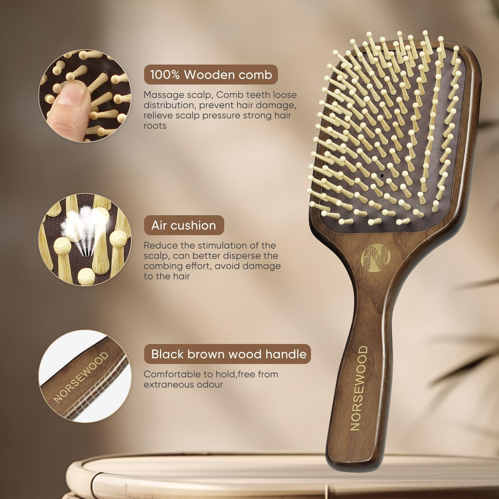 Norsewood poils bois arrondis anti statique pour detanglage en douceur.