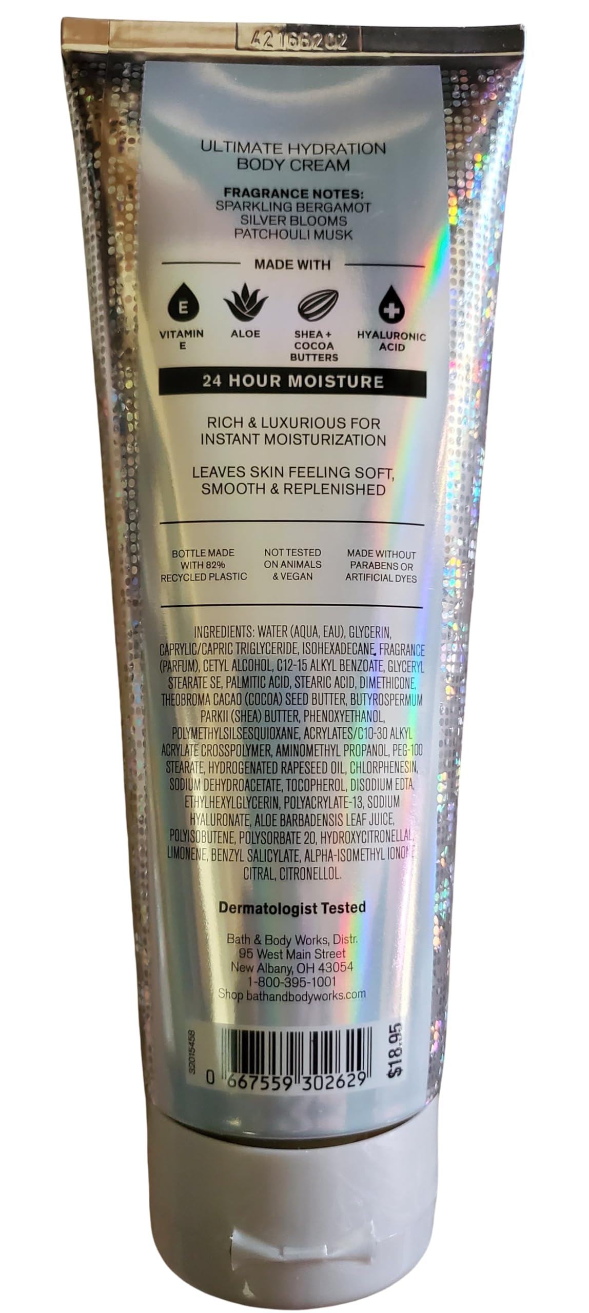 Bath & Body Works Platinum Hydratation : notes bergamot et fleurs argentées.