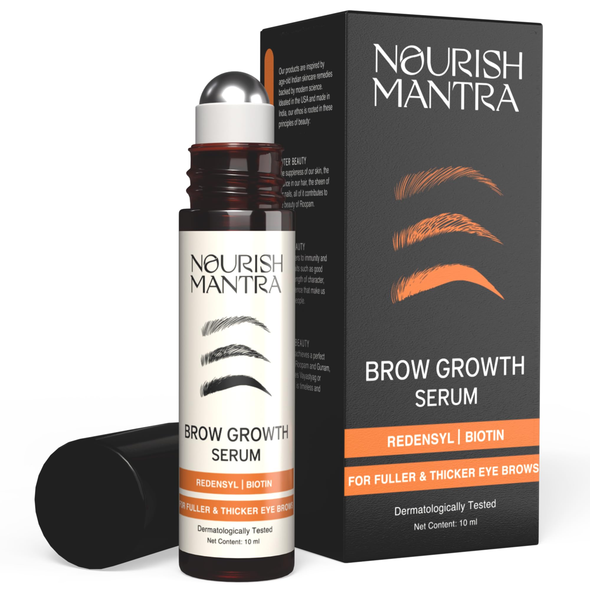 Sérum sourcils Nourish Mantra, bouteille 10 ml, favorisant densité et éclat naturel.