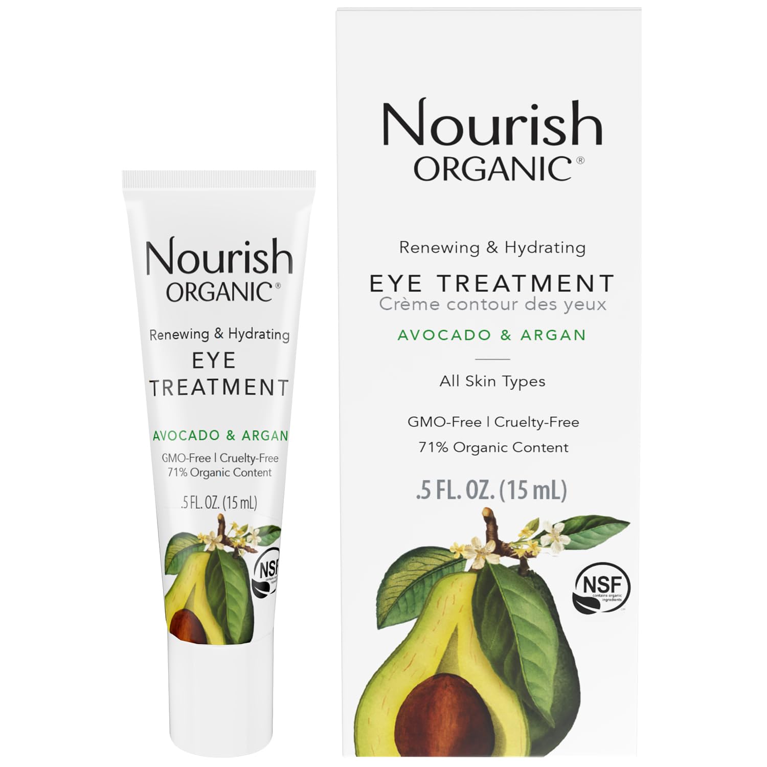 Soin contour des yeux Nourish Organic Avocat et Argan, flacon bouteille, hydratation ciblée.