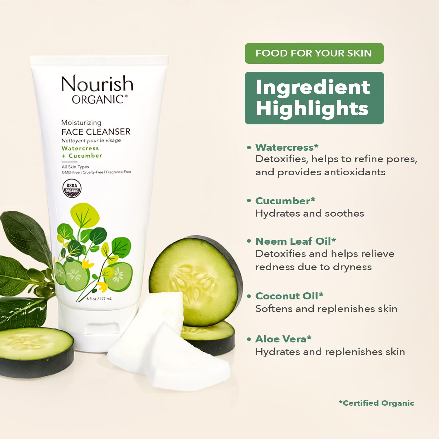 Nourish Organic Nettoyant Visage Cresson Concombre – ingrédients frais contribuant à la sensation vivifiante.