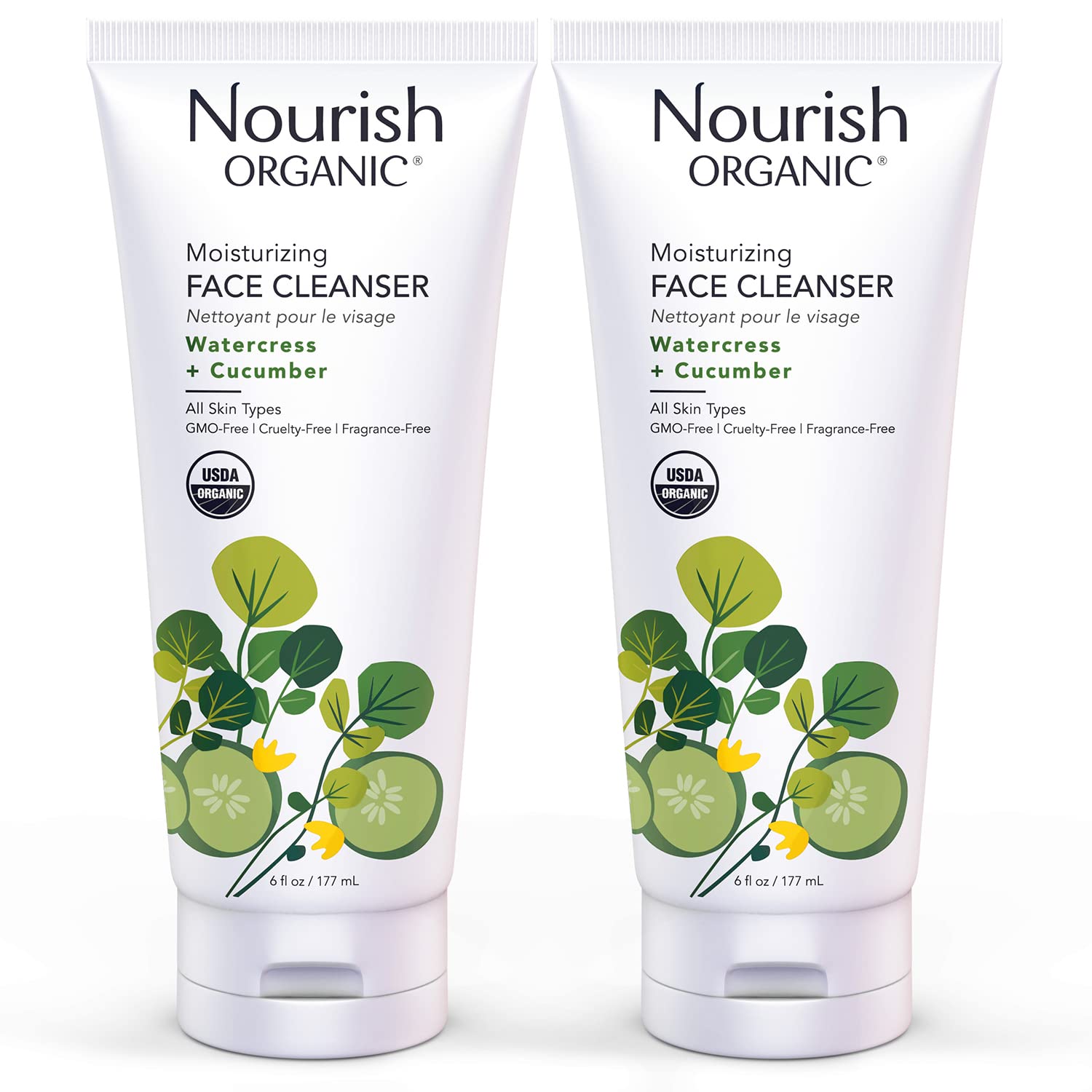 Nourish Organic Nettoyant Visage Hydratant, flacon pompe facilitant l'application et l'hydratation.
