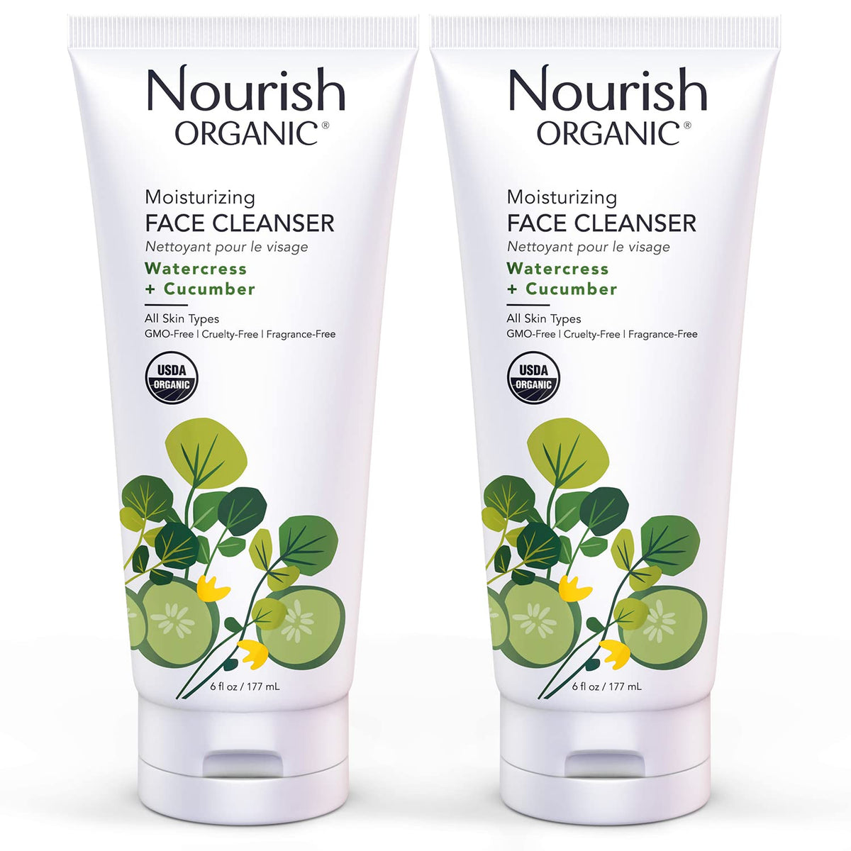 Nourish Organic Nettoyant Visage Hydratant, flacon pompe facilitant l'application et l'hydratation.