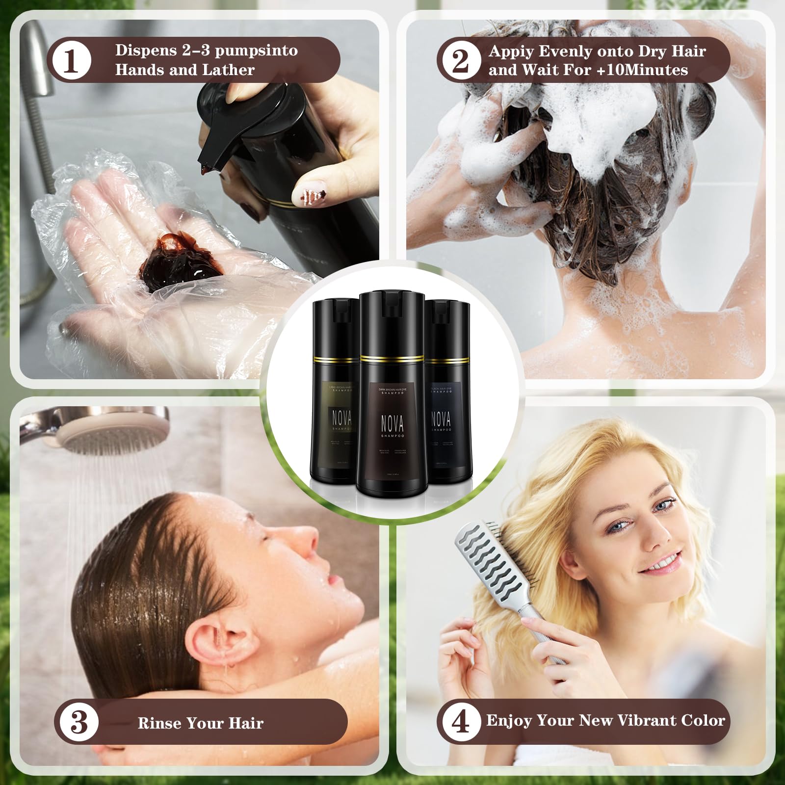 Nova Shampoo 3-en-1, shampoing, soin et couleur en un seul geste.