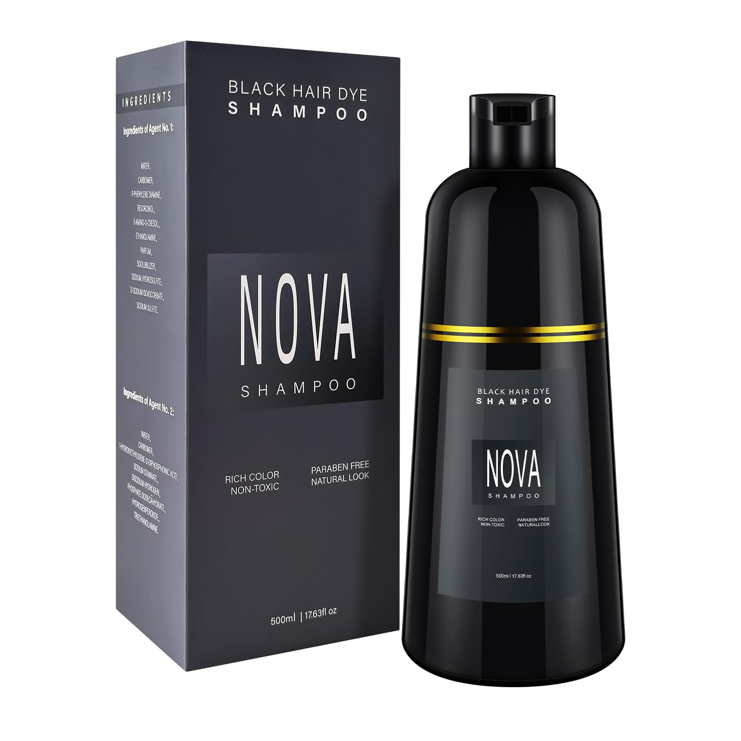 Nova Shampoo: bouteille noire montrant une solution 3-en-1 pour cheveux gris.