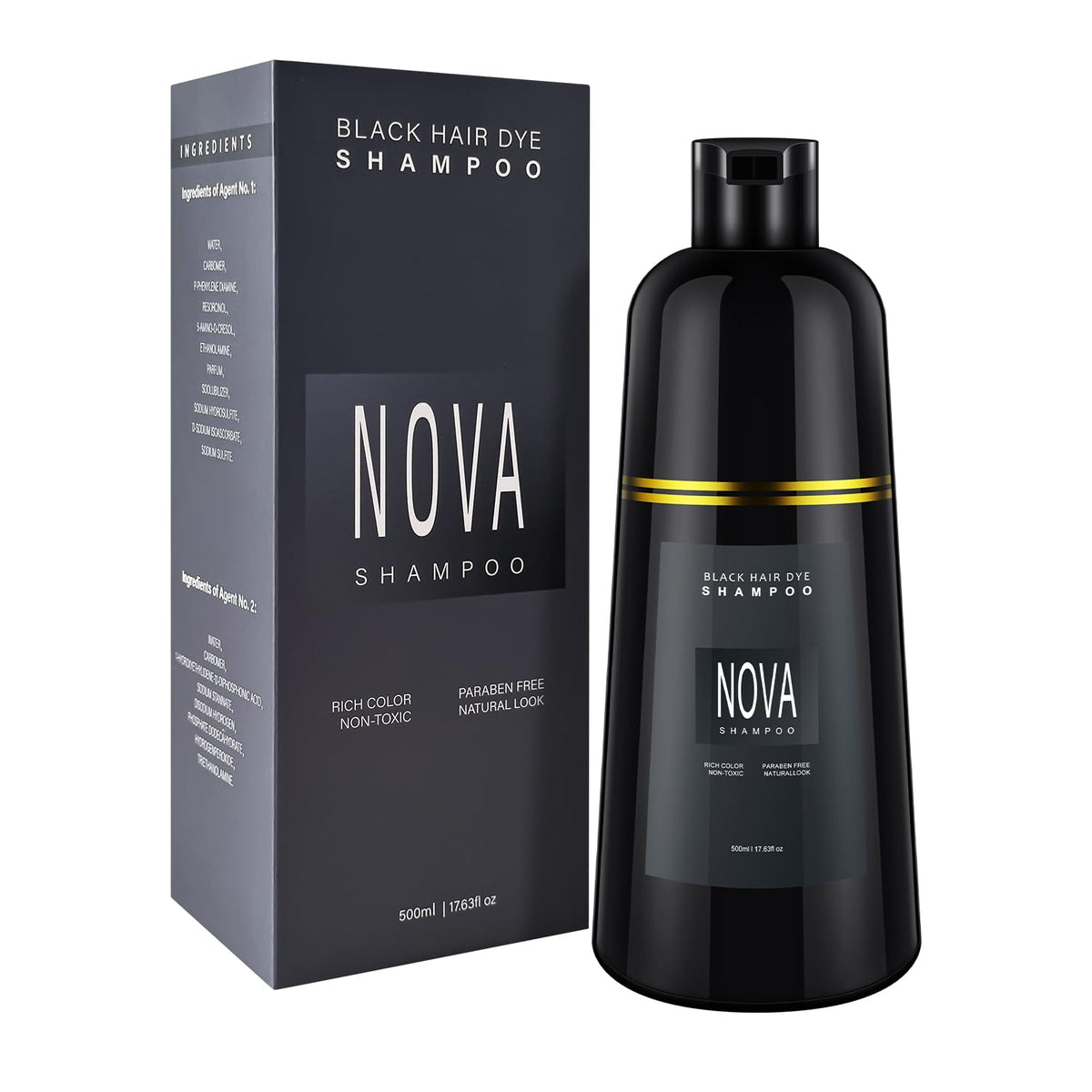 Nova Shampoo: bouteille noire montrant une solution 3-en-1 pour cheveux gris.