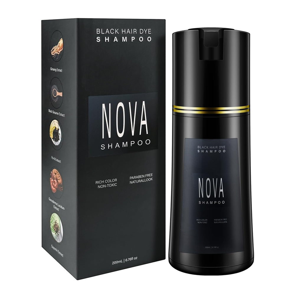 Nova Shampoo bouteille noire montre le format pratique pour une coloration à domicile.
