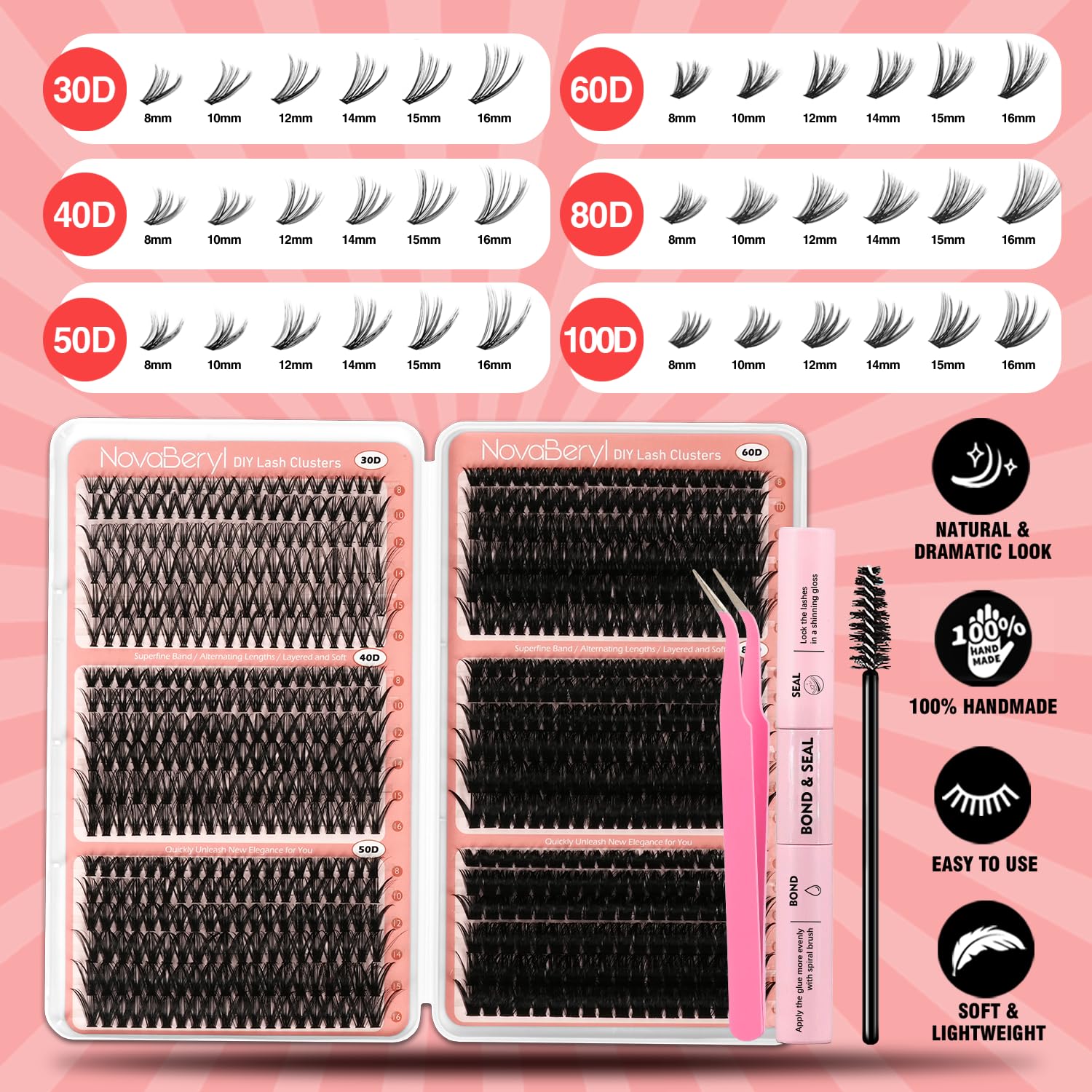 NovaBeryl cils-clusters 30D-100D: variations de longueurs pour un look nuancé.