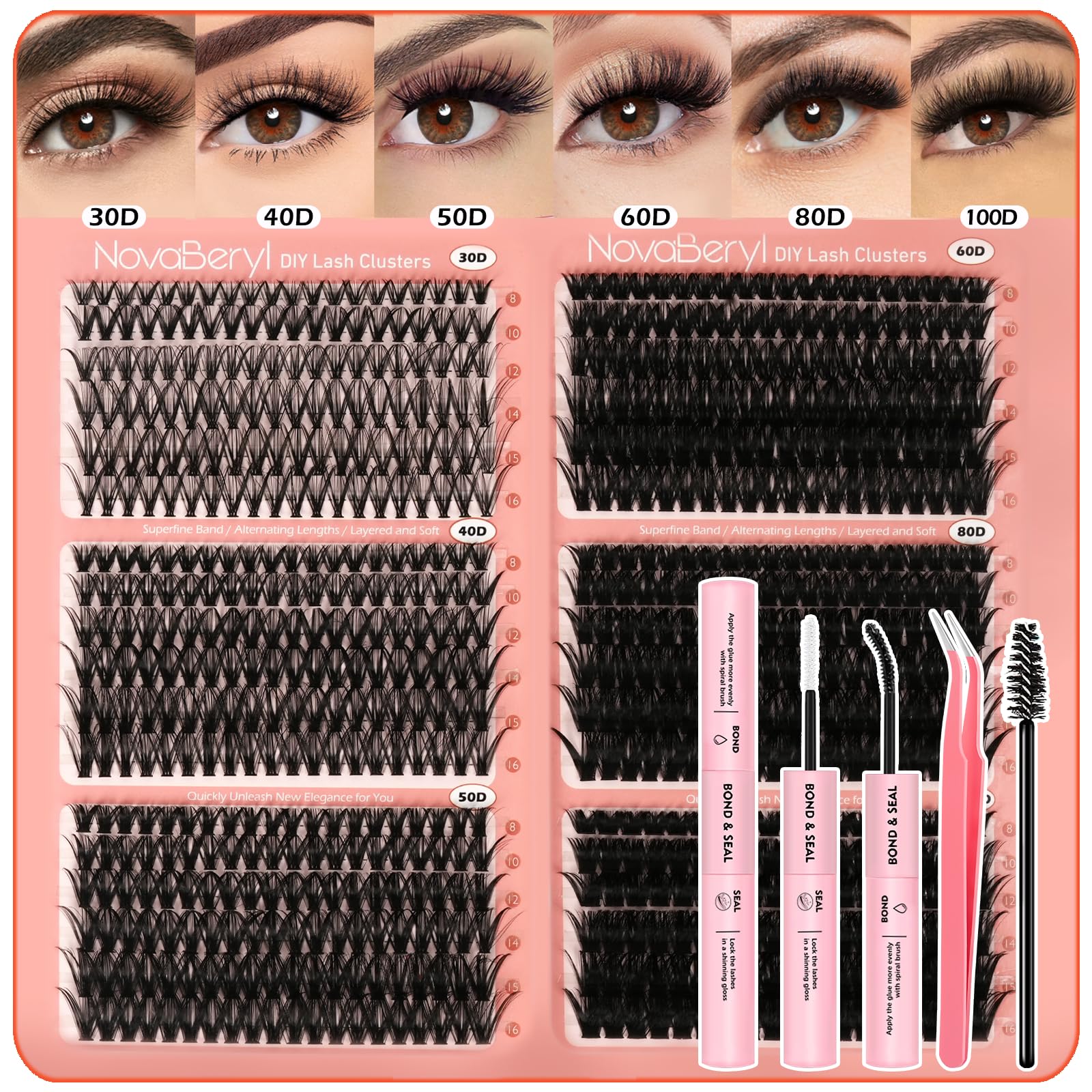 NovaBeryl kit-clusters-cils: contenu complet pour extensions DIY à domicile.