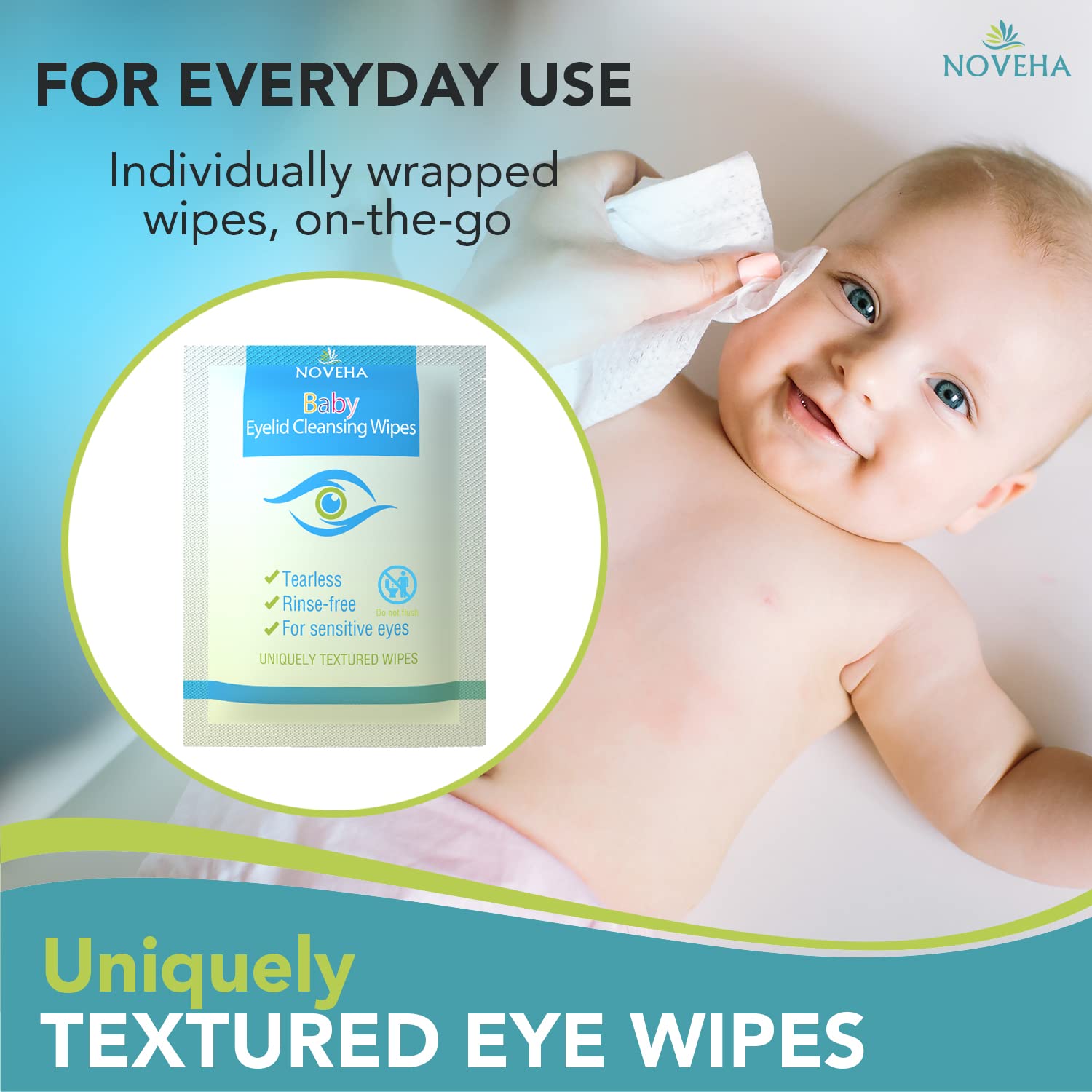 Lingettes NOVEHA, ingrédients naturels, sécurité et confort pour les yeux sensibles.