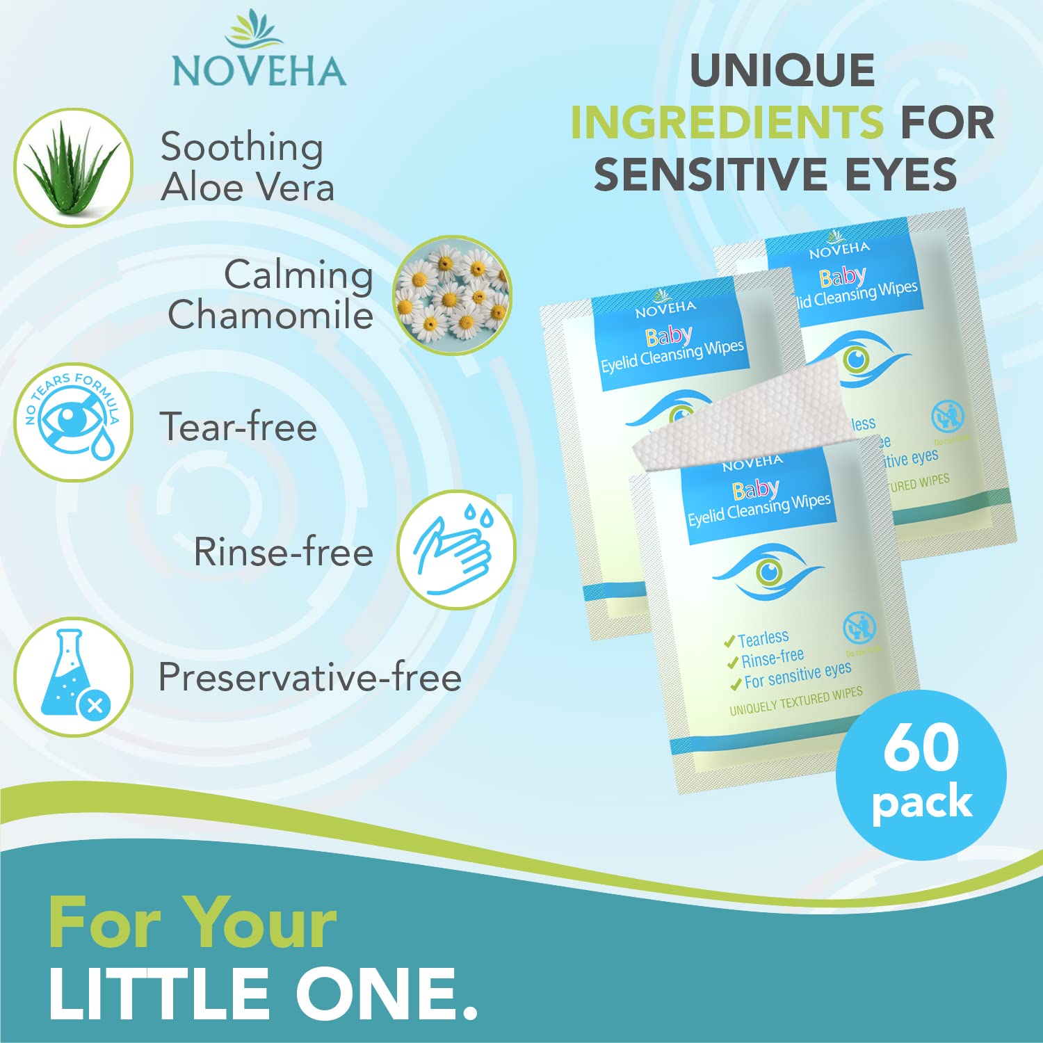 NOVEHA lingettes yeux bébé, texture douce, pour un nettoyage quotidien en douceur.