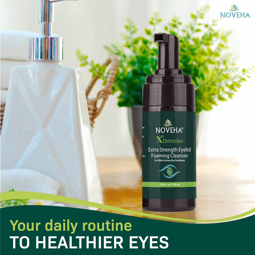 NOVEHA Demodex Eyelid Cleanser Foam – huile d'arbre à thé et ingrédients naturels.