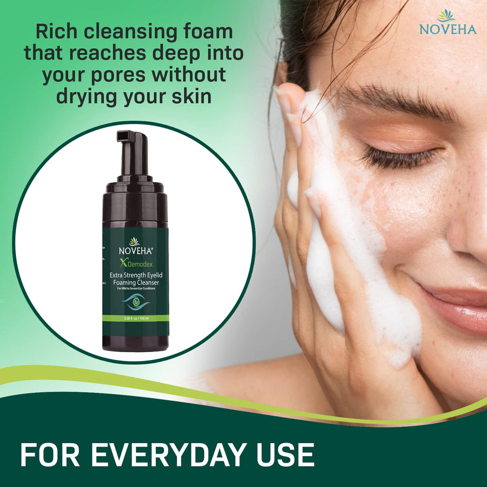 NOVEHA Demodex Eyelid Cleanser Foam – double pack pour un usage prolongé.