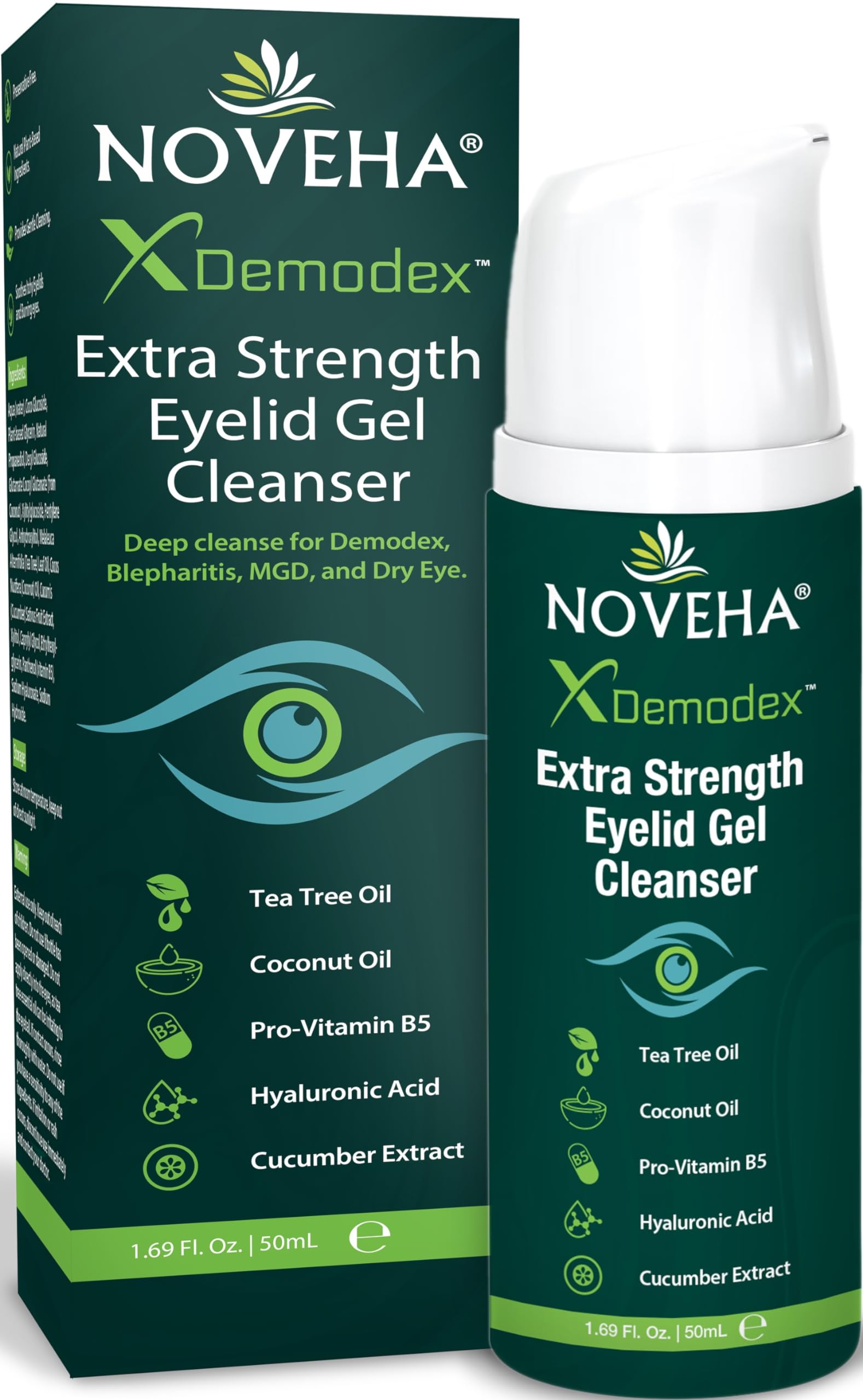 NOVEHA Demodex Gel Nettoyant Yeux – bouteille 50 ml prête à l'emploi pour un nettoyage en douceur.