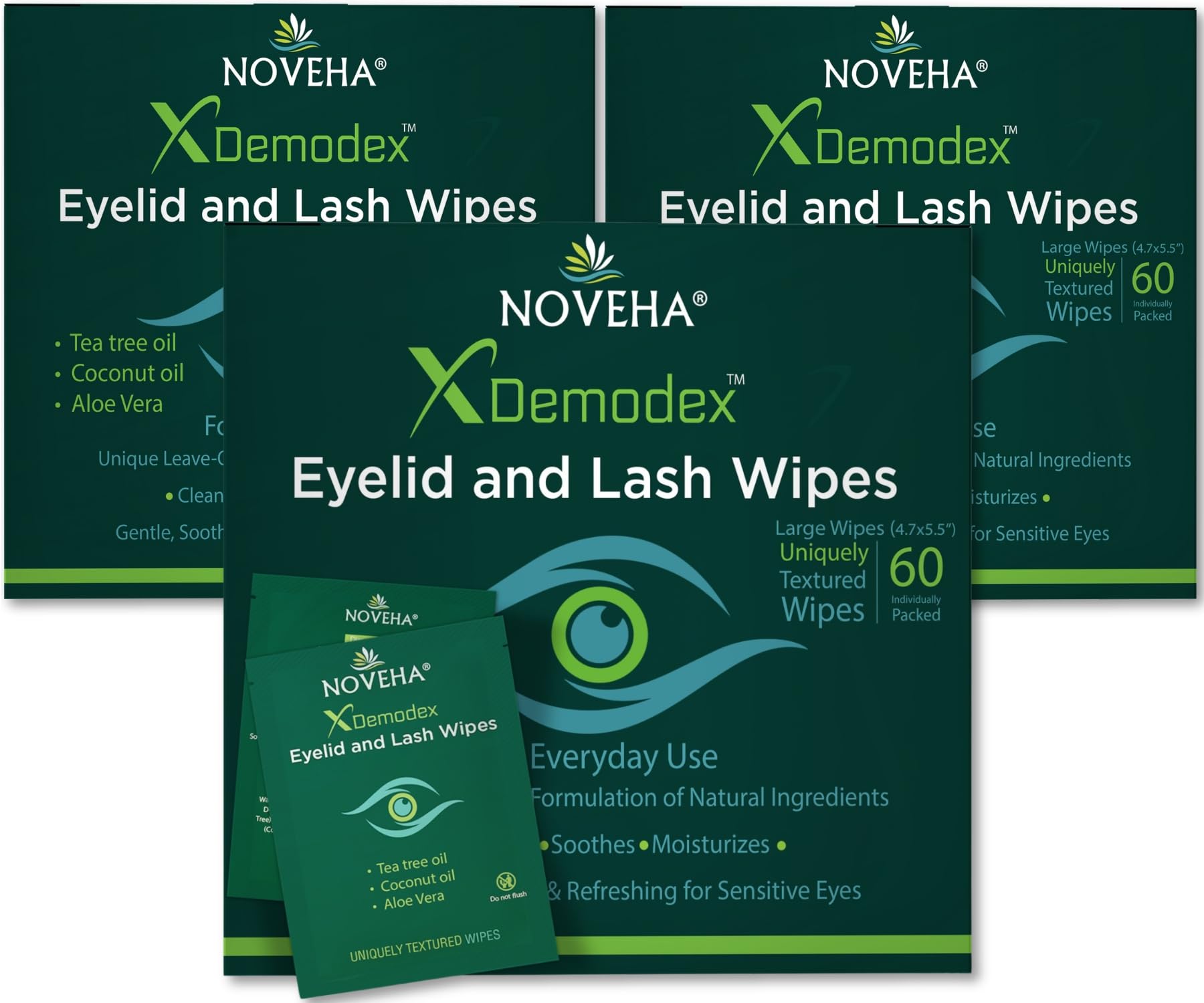 NOVEHA lingettes Demodex Yeux, boîte 60, hygiène oculaire pratique à domicile et en voyage.