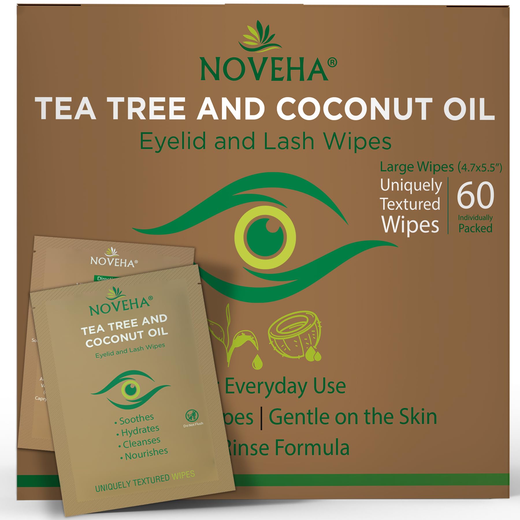 Lingettes NOVEHA paupières avec arbre à thé et coco, rafraîchissement doux.