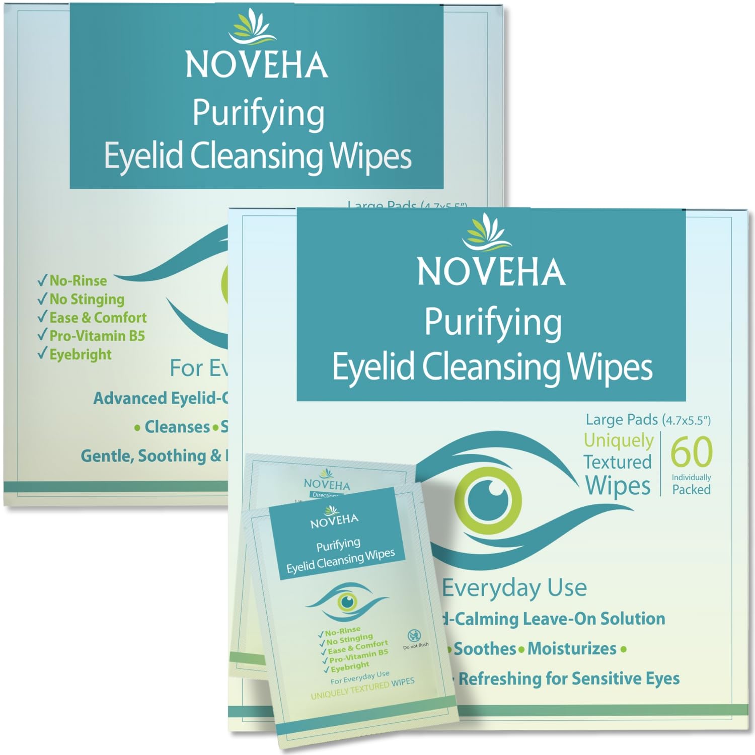 Lingettes paupières NOVEHA dans un emballage pratique pour nettoyer rapidement les yeux.