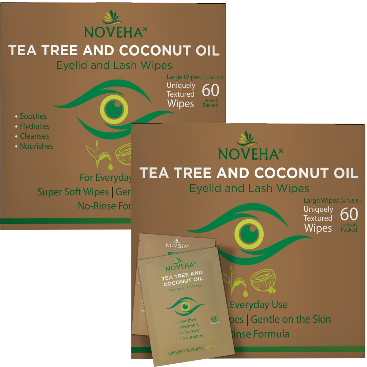 Lingettes yeux NOVEHA huile arbre a the et coco emballage individuel