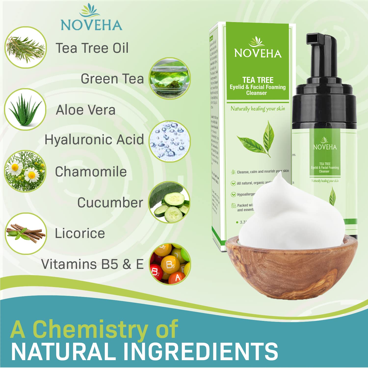 NOVEHA mousse nettoyante visage, texture légère et sensations apaisantes.