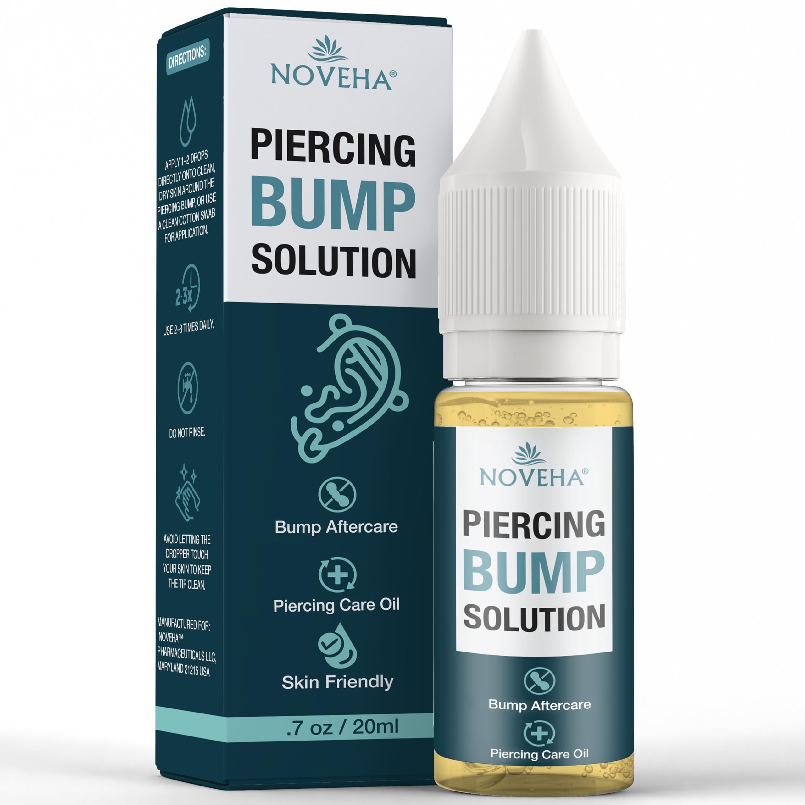 Solution NOVEHA pour piercing – bouteille 20ml, soin doux quotidien.
