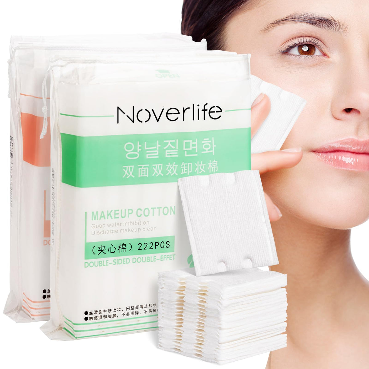 Noverlife carrés coton visage double-face pour démaquillage en douceur.