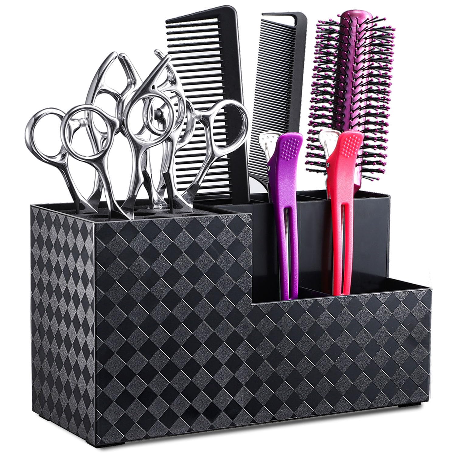 Vue avant du porte-outils Noverlife montrant l’organisation compacte des outils de coiffure