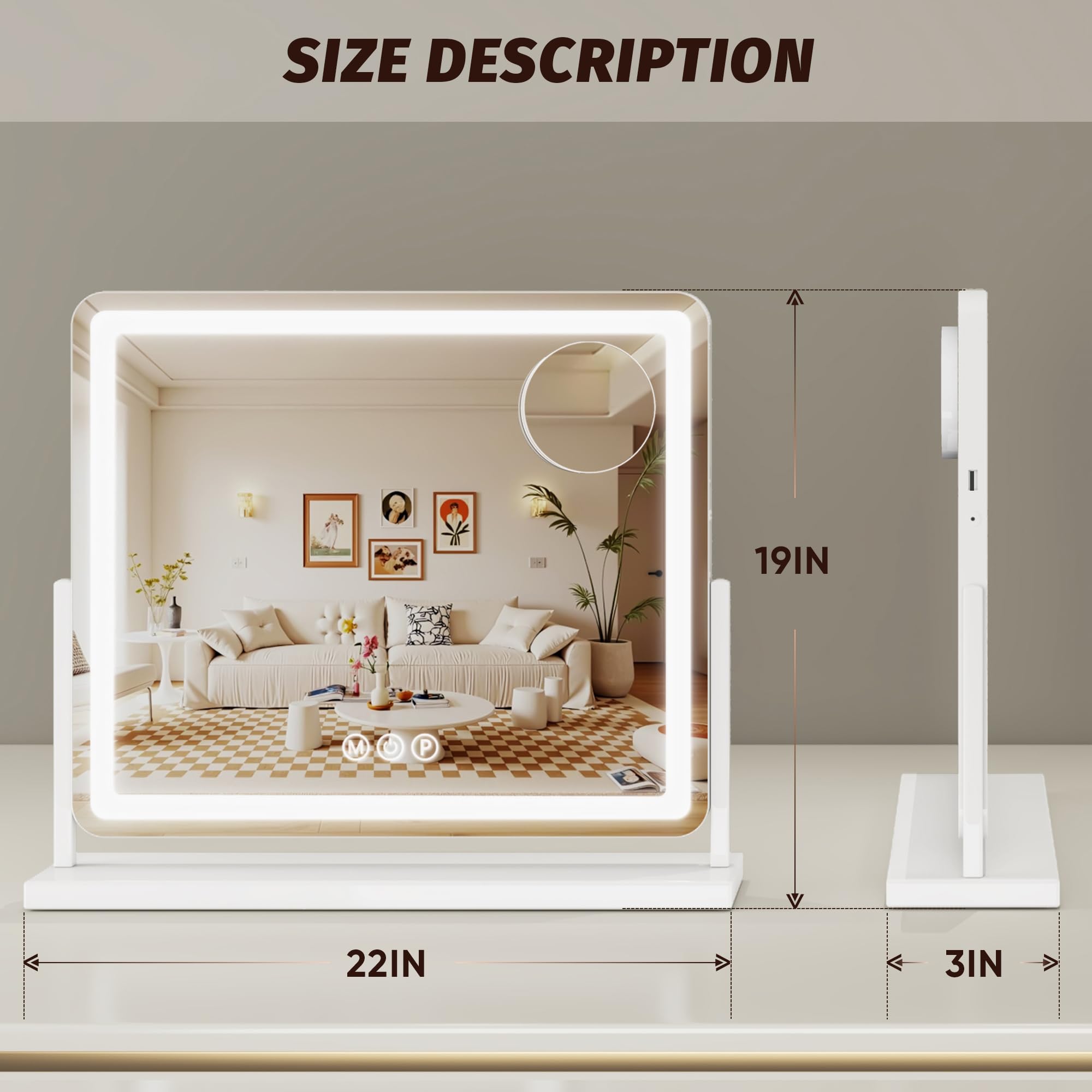 Éclairage à trois couleurs du Miroir Novlux Vanity pour différentes routines beauté.