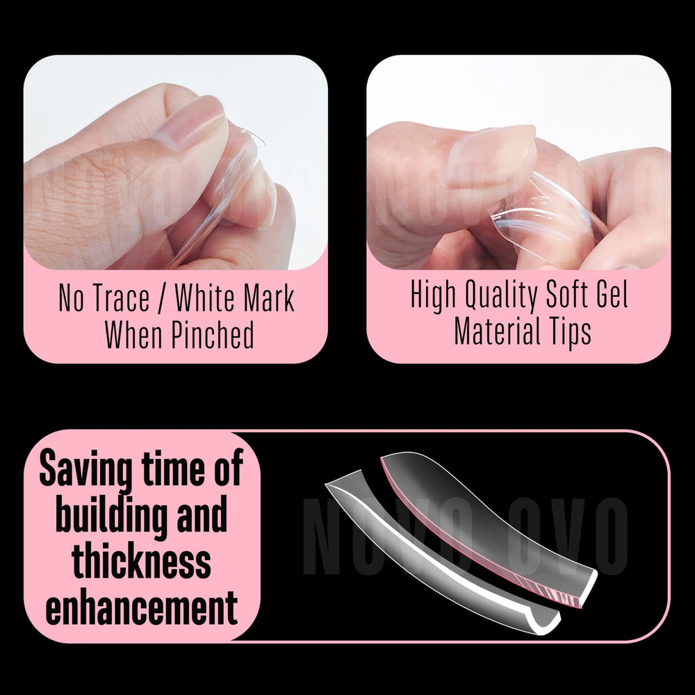 NOVO OVO curved tips shown with gel, acrylic, and dip powder compatibility.