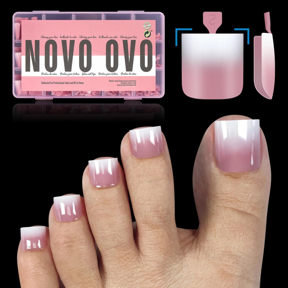 NOVO OVO Ombre pédicure rose framboise: embouts pré-appliqués rapides.