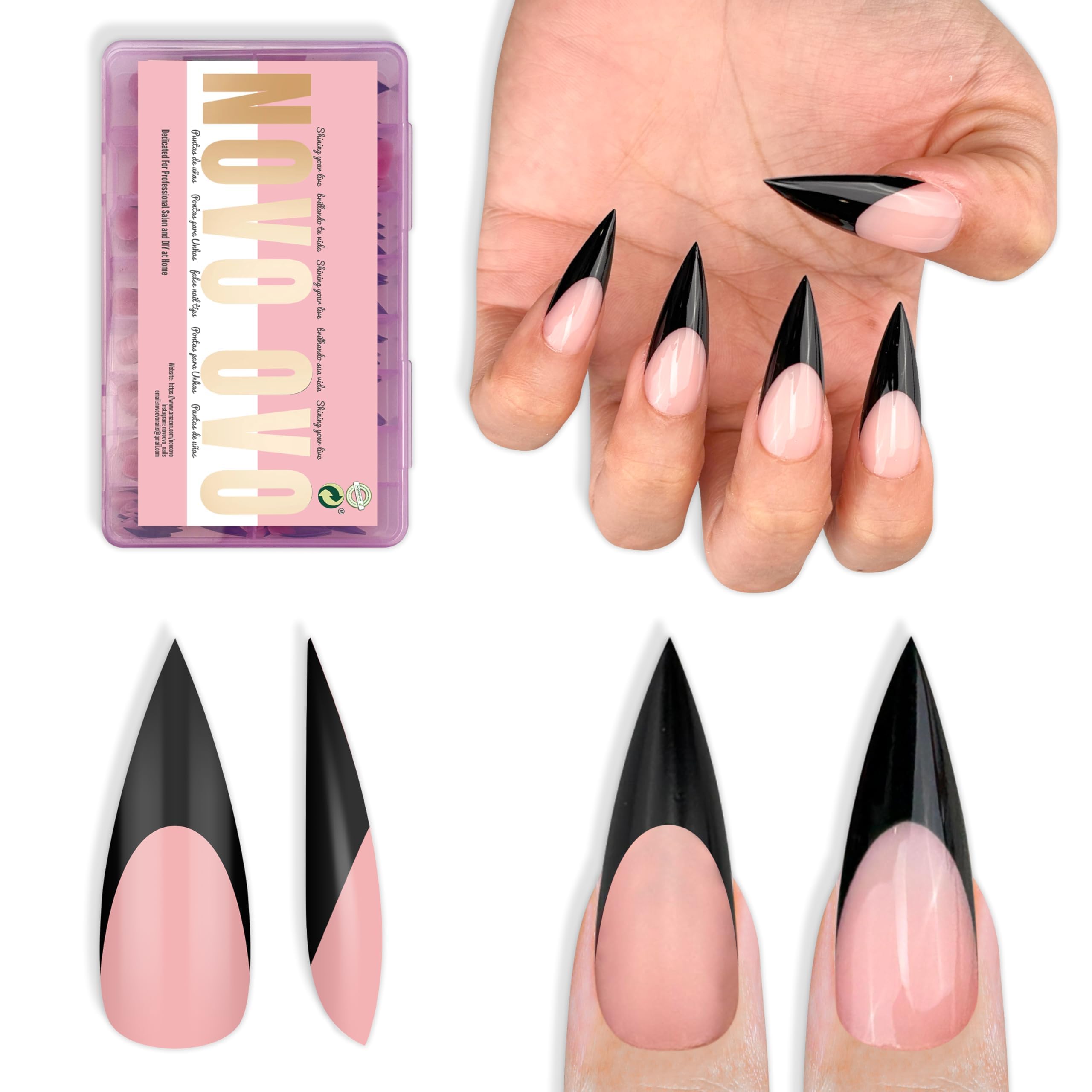 NOVO OVO onglets franc-tip stiletto noir, allure chic et manucure rapide