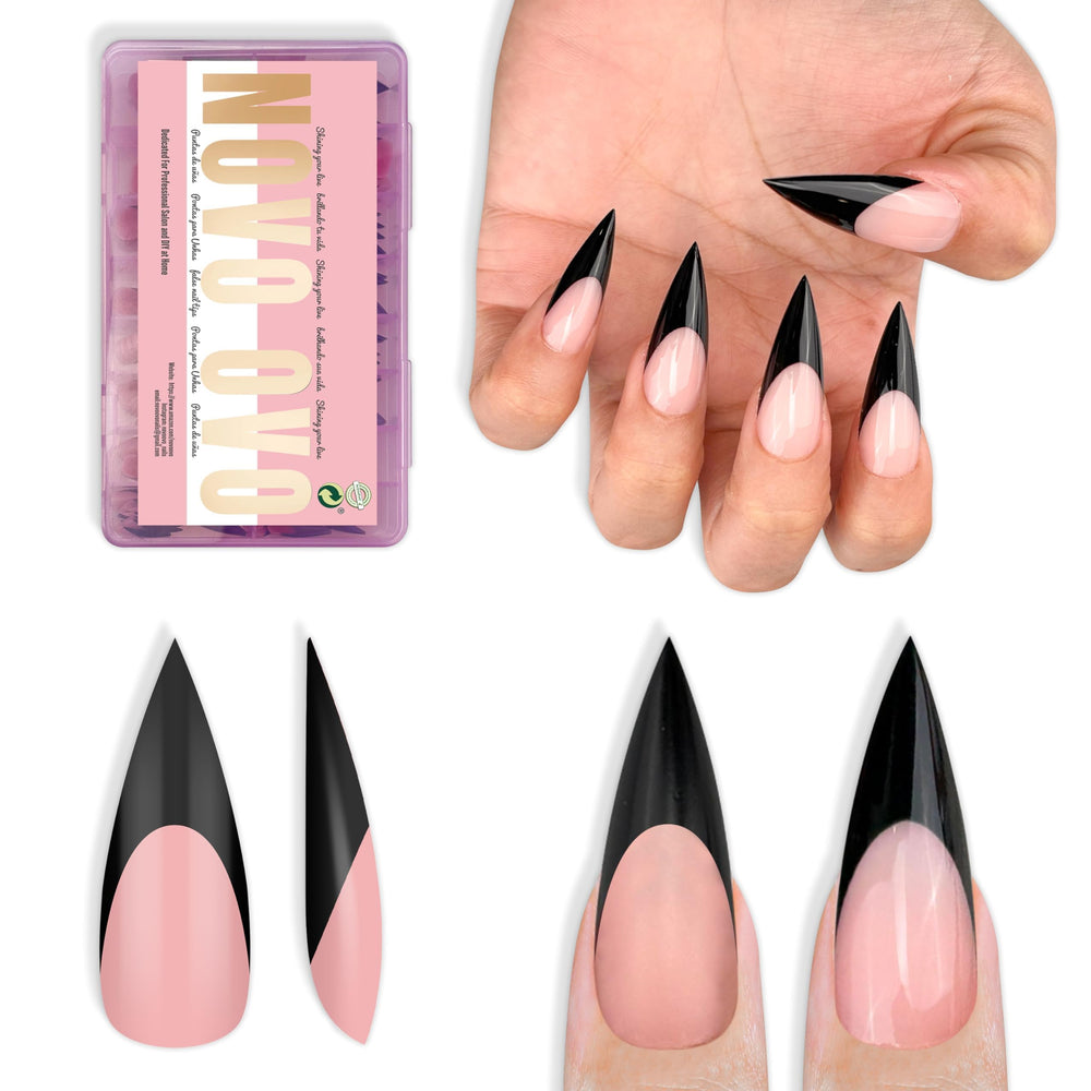 NOVO OVO onglets franc-tip stiletto noir, allure chic et manucure rapide