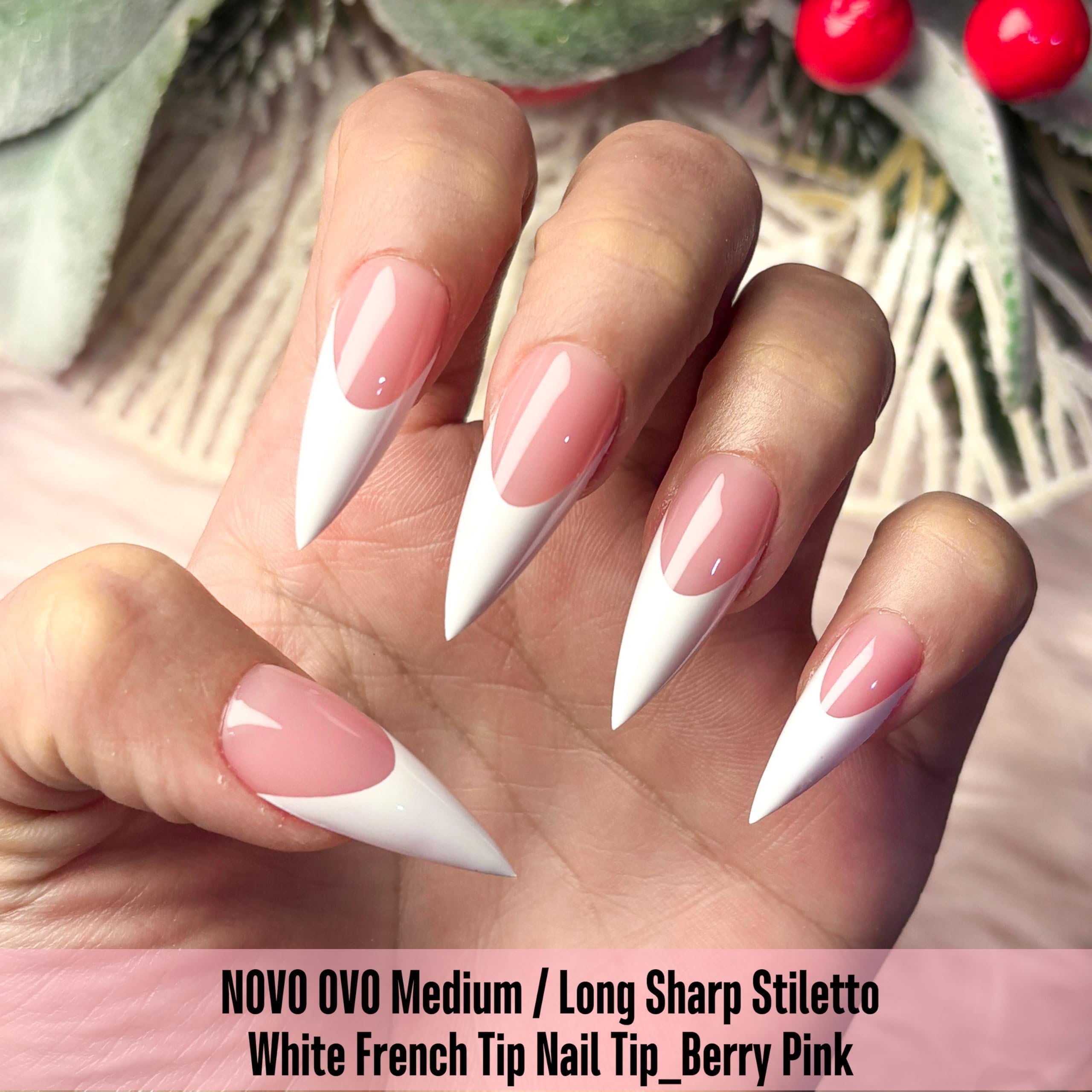 NOVO OVO ongles-tip franc stiletto blancs Berry Pink, couvrants et faciles à appliquer.