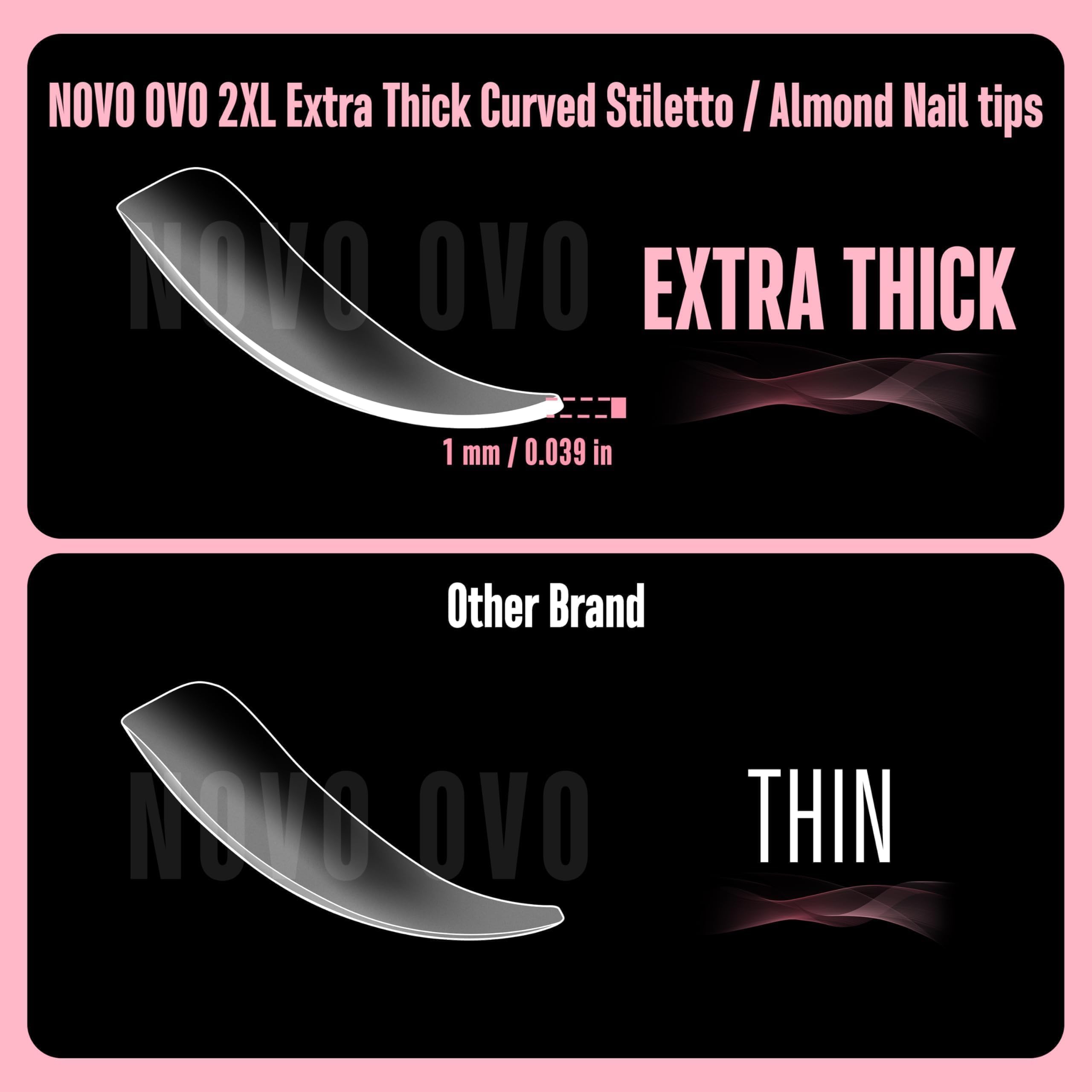 NOVO OVO pose-ongles amande courbe pour une tenue durable et rapide.