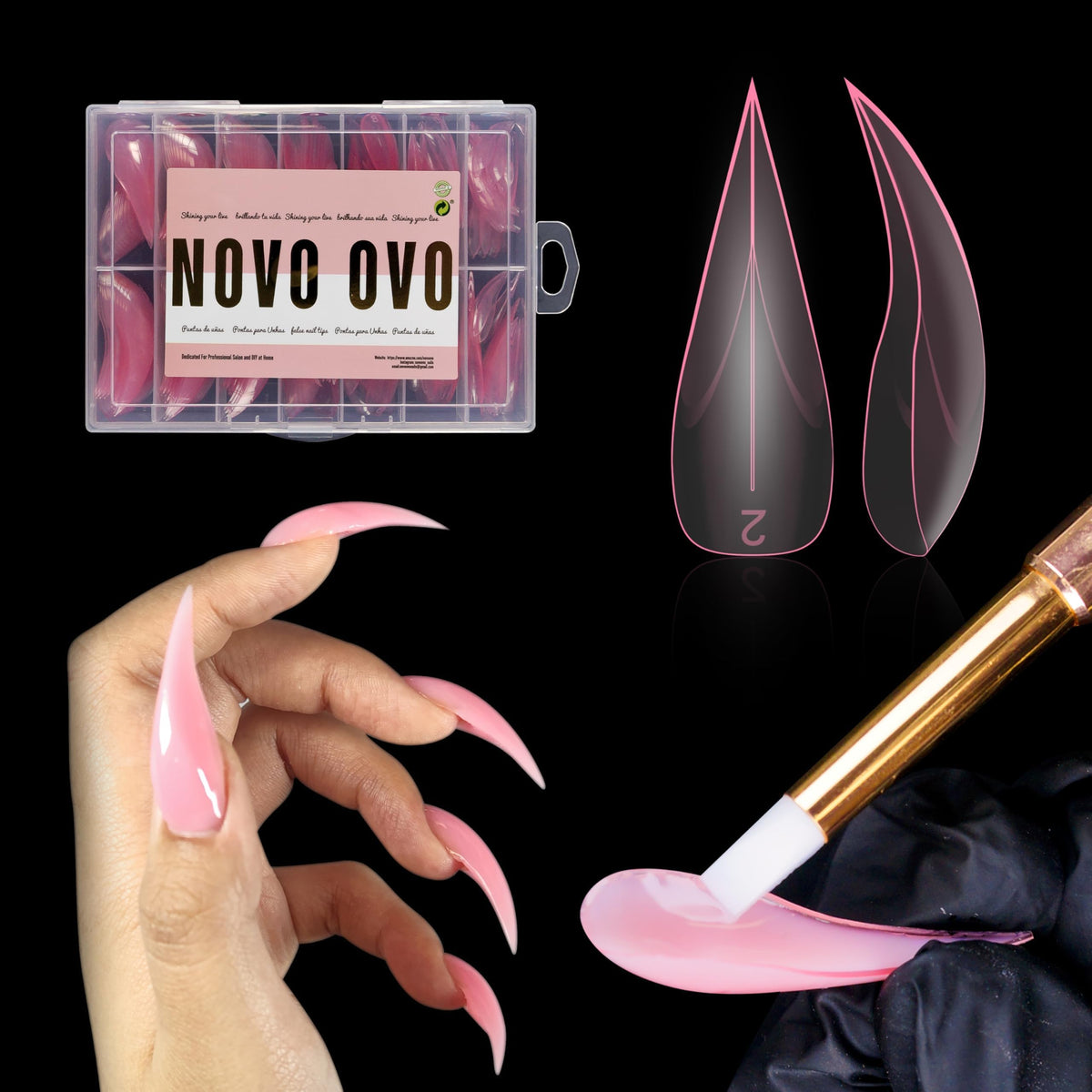 NOVO OVO – Formes duales Curves 3D Stiletto rose pour extensions précises.