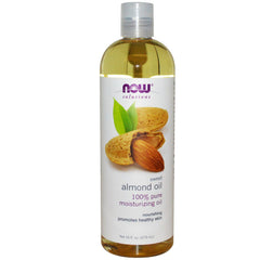 NOW Foods Almond Oil 16 oz bottle pour shows natural moisturizing oil for skin and hair