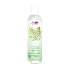 NOW Foods glycérine végétale biologique en bouteille 8oz, hydratante pour peau et cheveux.