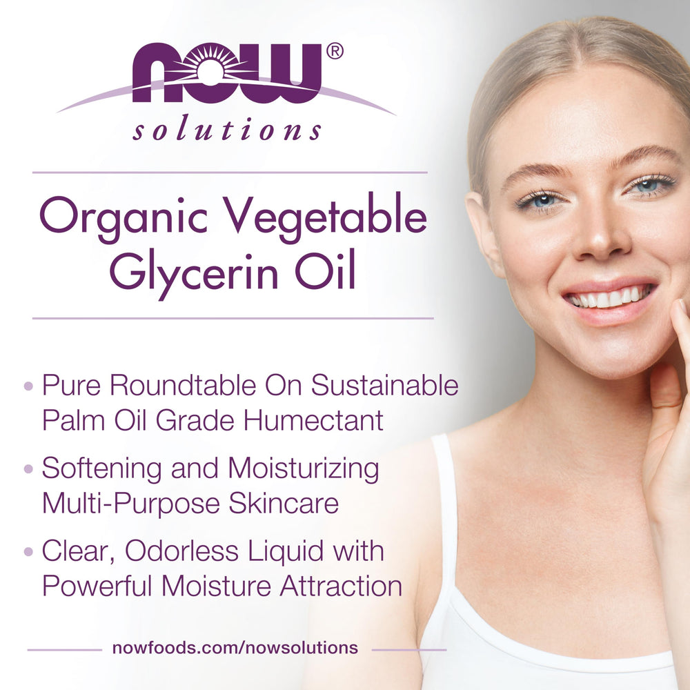 Glycérine végétale NOW Foods polyvalente pour visage et corps, hydratation légère.