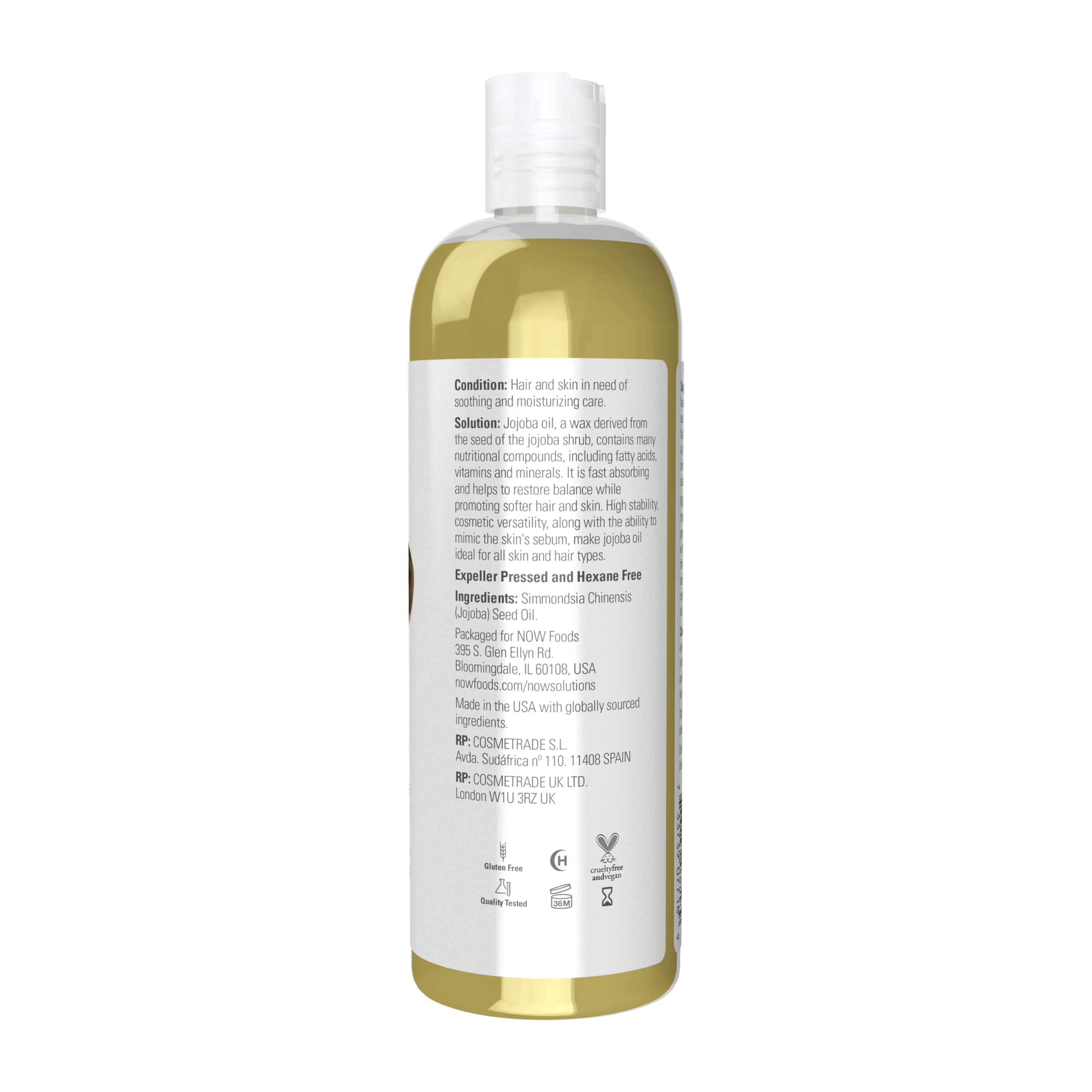 NOW Foods Jojoba Oil, absorption rapide et sans film gras.