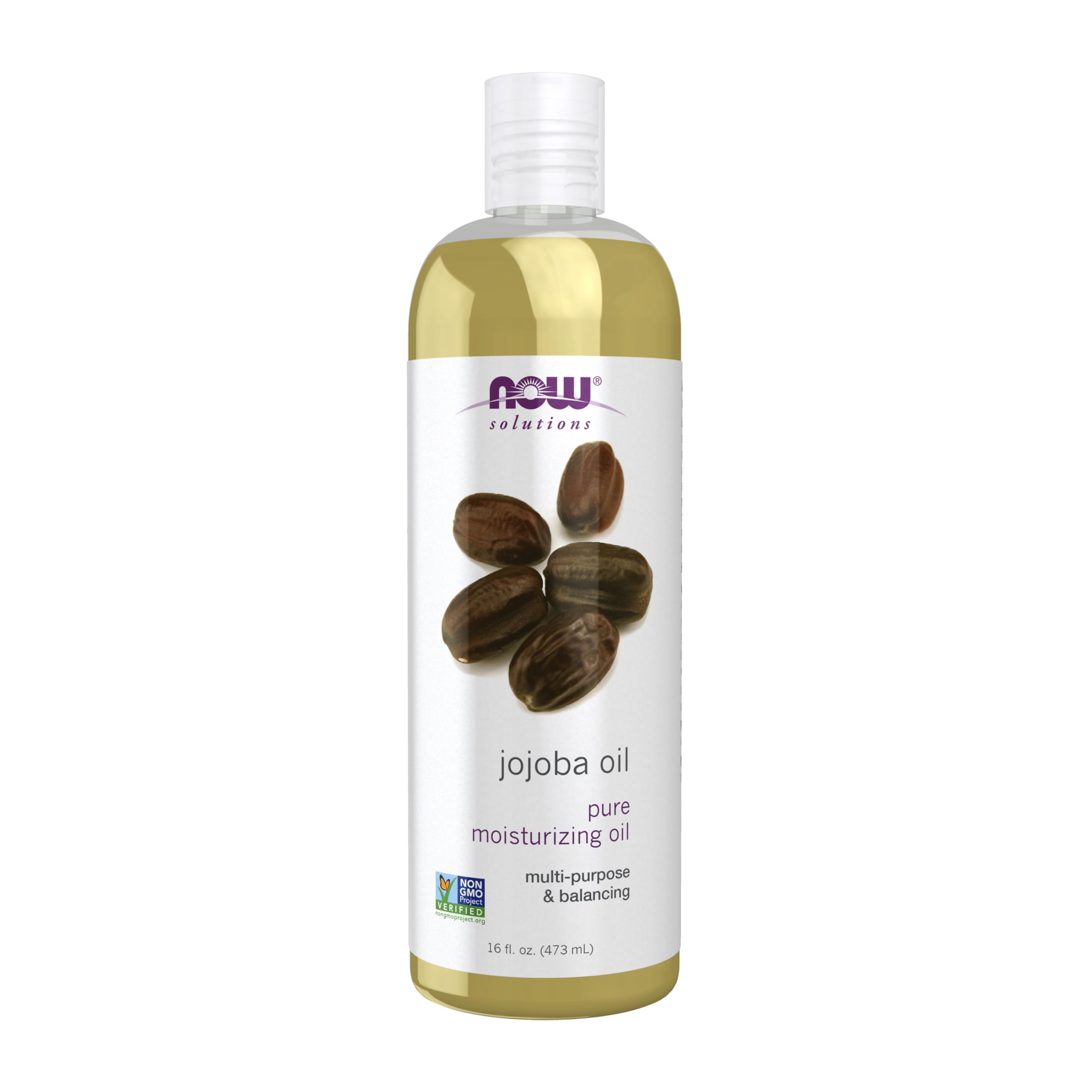 NOW Foods Jojoba Oil dans sa bouteille transparente, hydratation légère pour peau et cheveux.