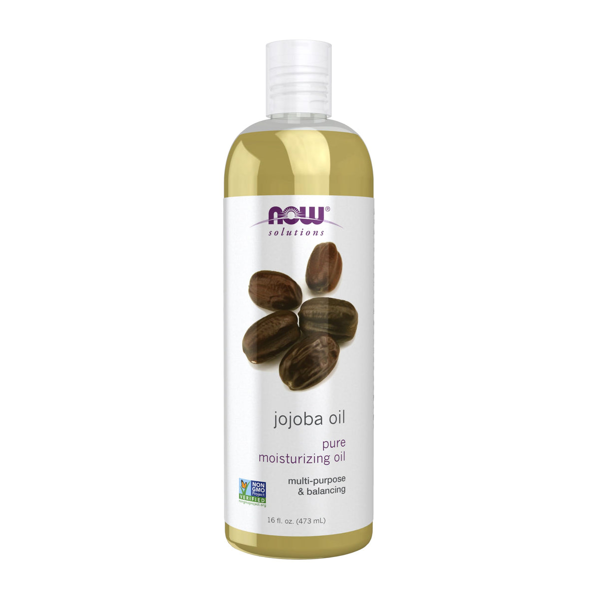 NOW Foods Jojoba Oil dans sa bouteille transparente, hydratation légère pour peau et cheveux.