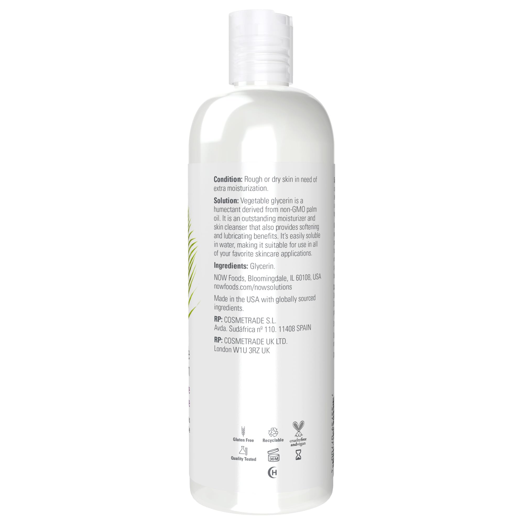 Glycerine Vegetale NOW Foods, visage et mains hydratés et propres.