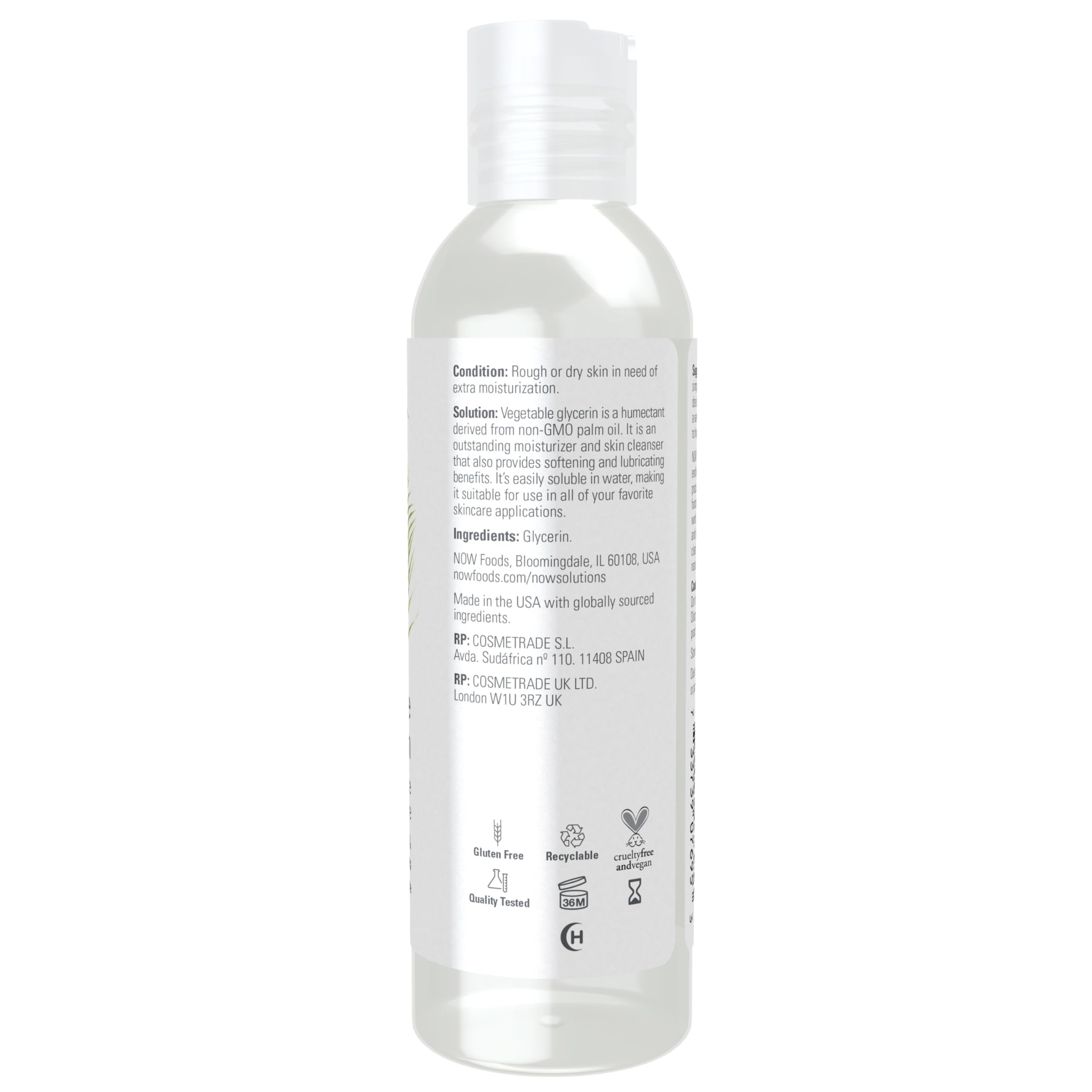 Flacon transparent NOW Solutions glycérine végétale pure, hydratant universel.