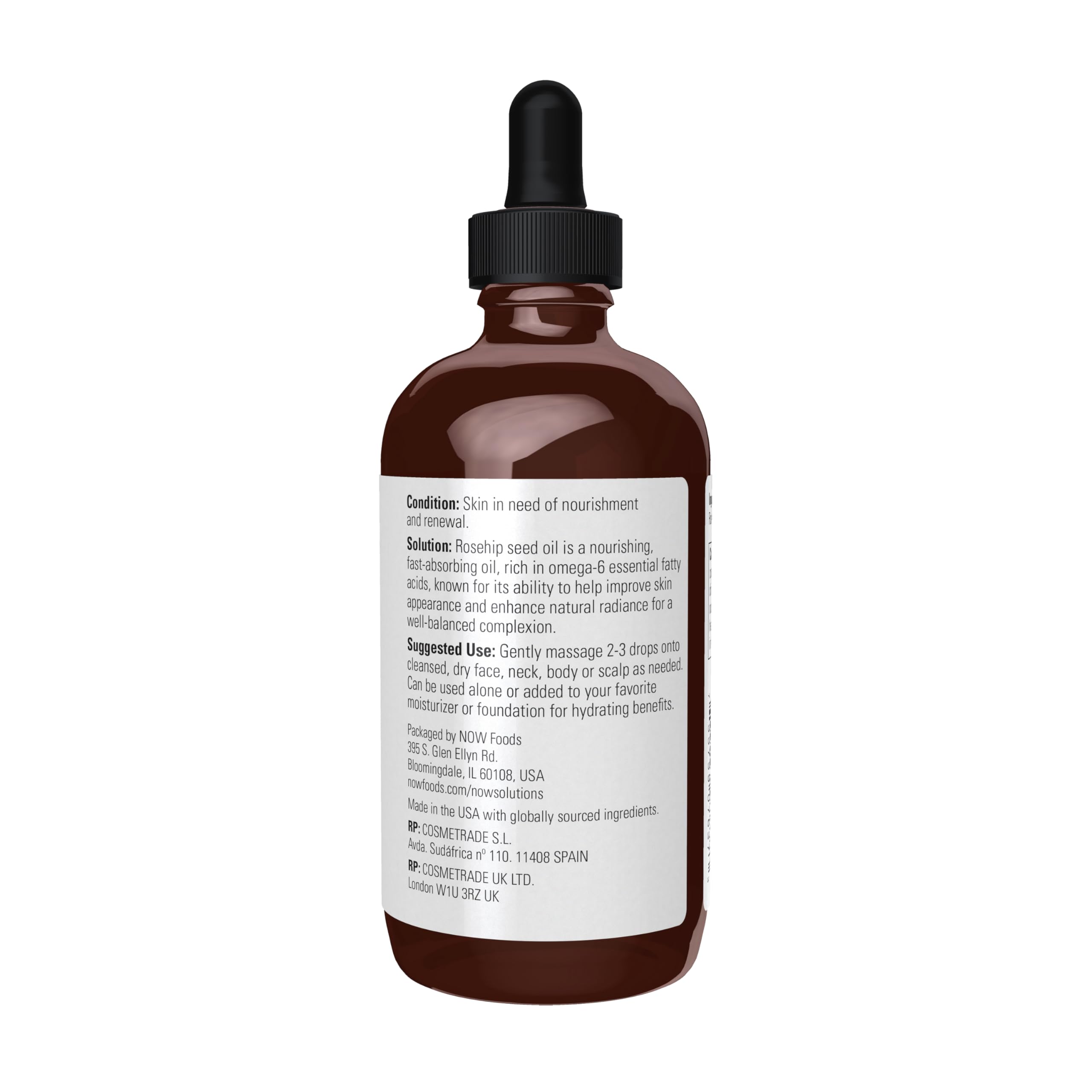 NOW Solutions huile pépins rose musquée, texture légère pour peau rayonnante.