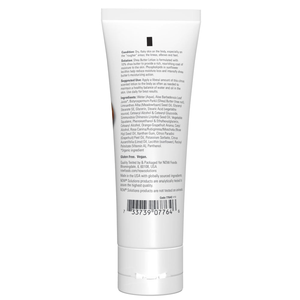 NOW Solutions Lotion karité 10% texture crèmeuse pour peau douce.