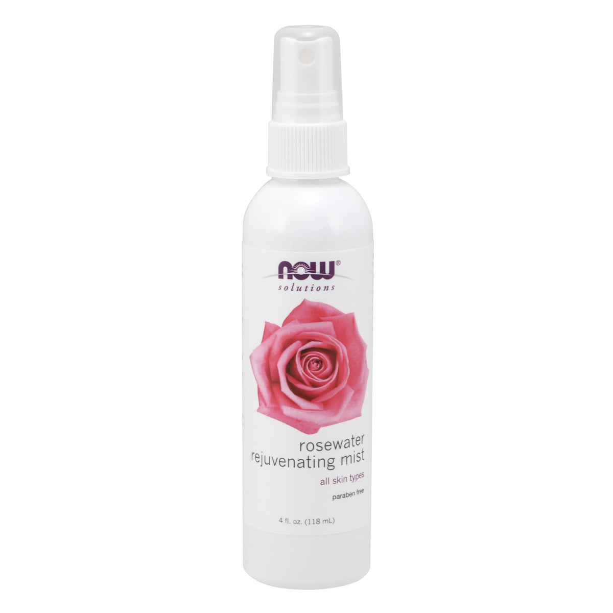 NOW Solutions Rosewater Rejuvenating Mist: bouteille élégante prête pour hydrater visage et cheveux.