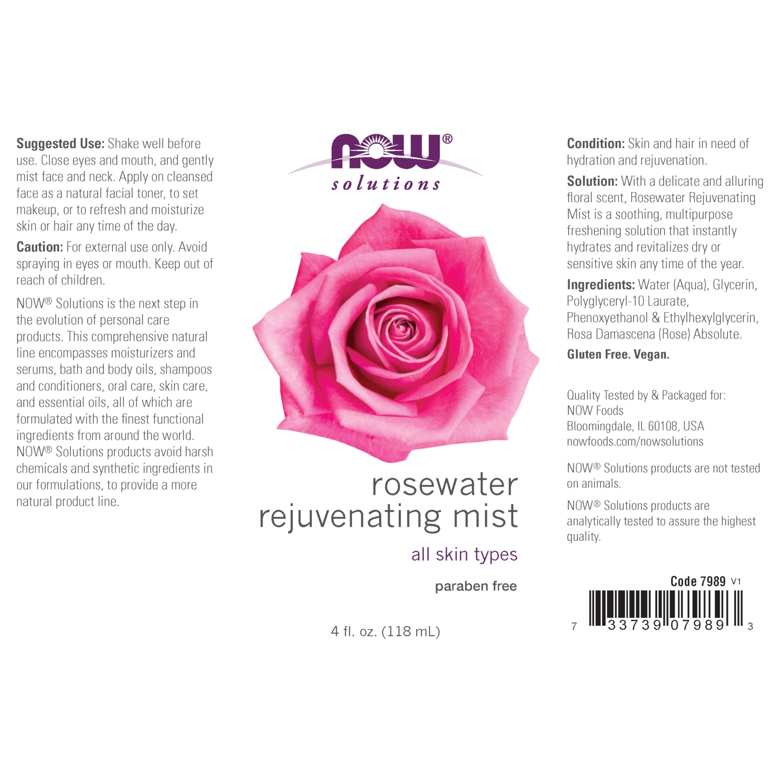 NOW Solutions Rosewater Rejuvenating Mist: pulvérisation douce sur le visage et les cheveux.