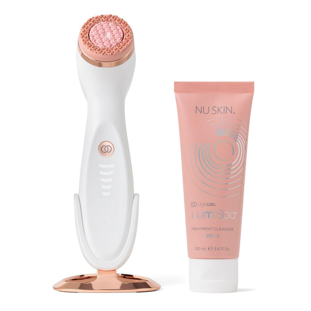 Nu Skin LumiSpa iO Stand – présentation élégante sur vanity ou salle de bains pour votre routine beauté.