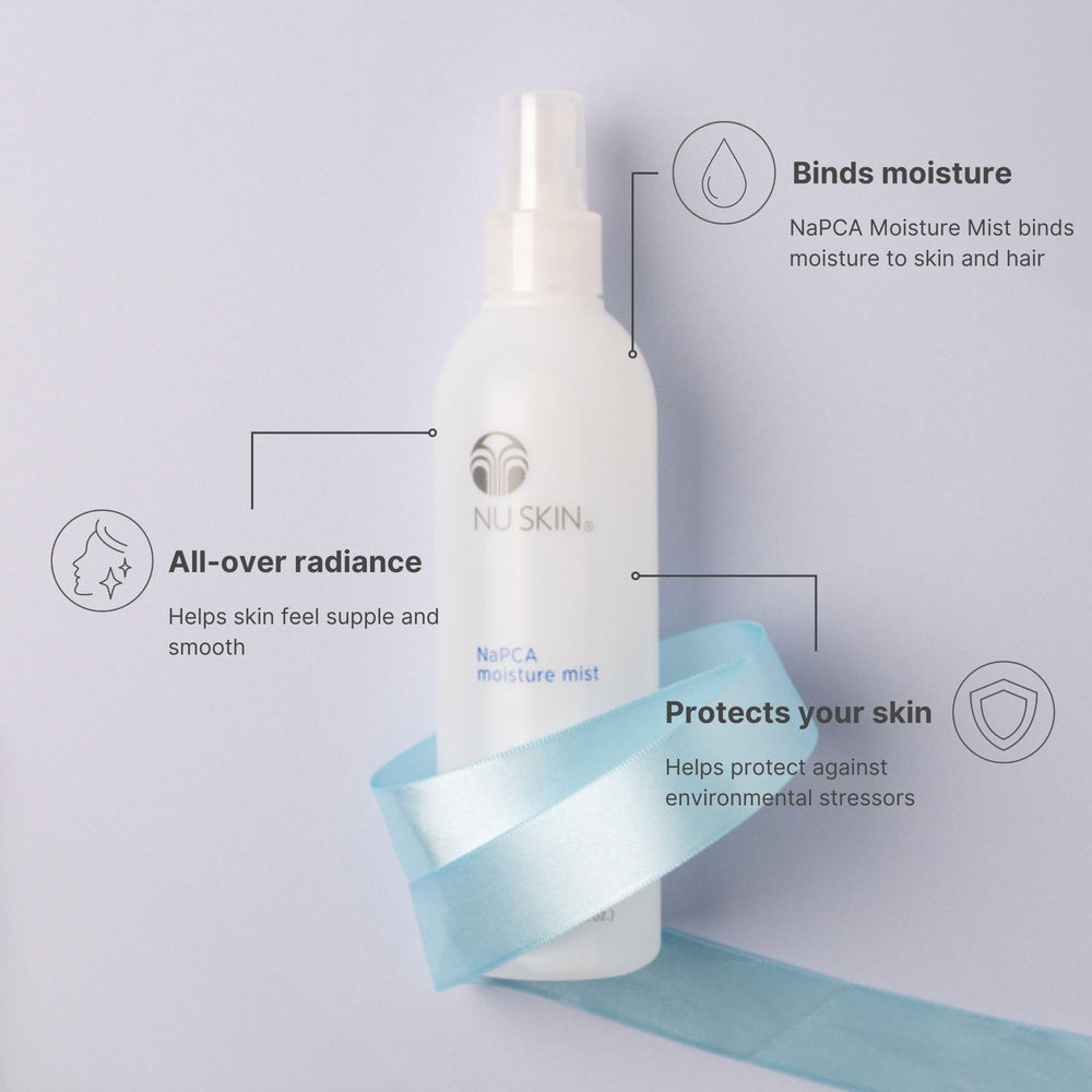 Nu Skin NaPCA Moisture Mist – acide hyaluronique pour une hydratation durable.